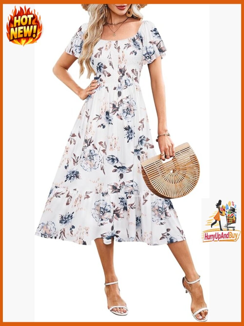 Summer Empire Waist Midi Dress Smocked Flutter Sleeve Square Neck Boho Chic
